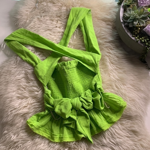 Free people Y2K neon now green Rouched open tie back  Ruffle hem crop top - Picture 3 of 8